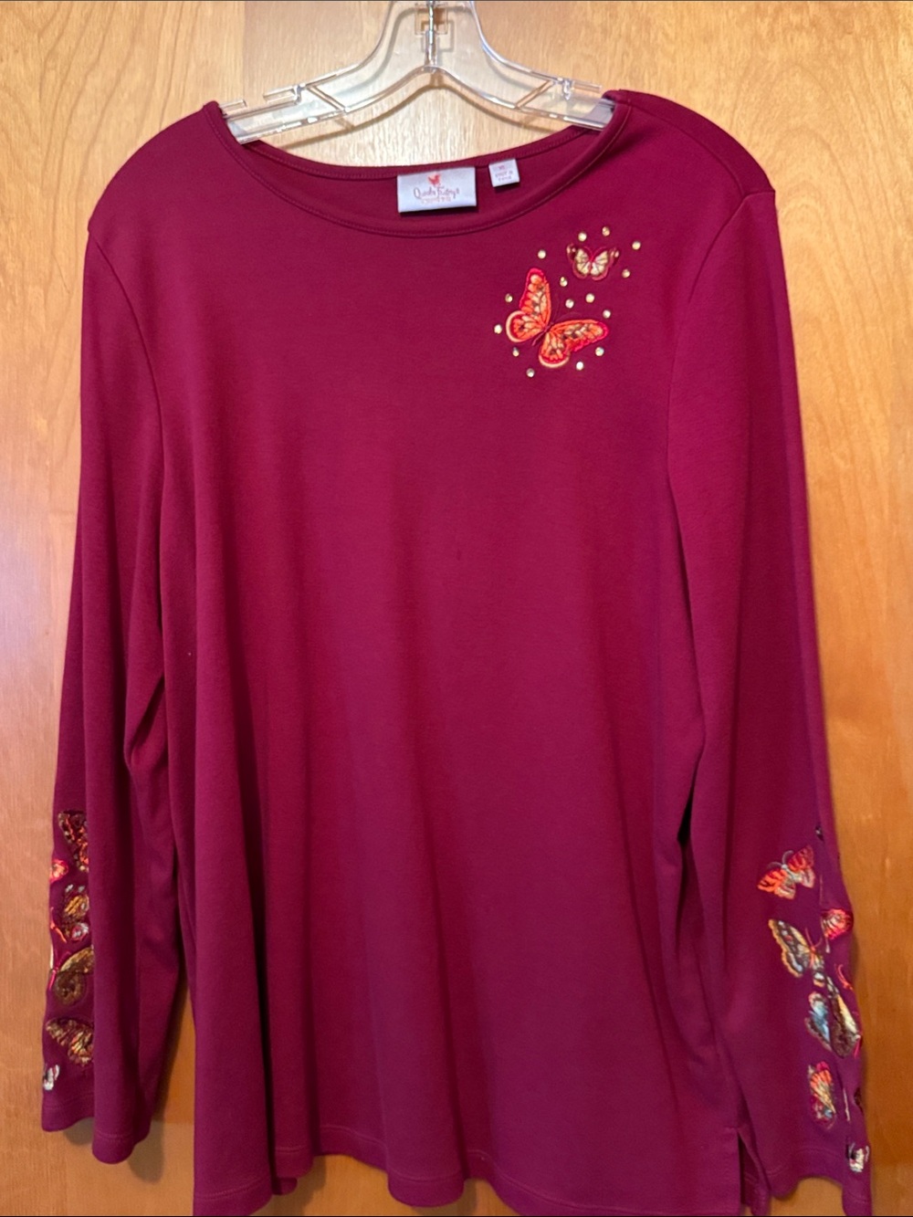 Quacker Factory Burgundy Long Sleeve Butterfly Embroidered Top XL